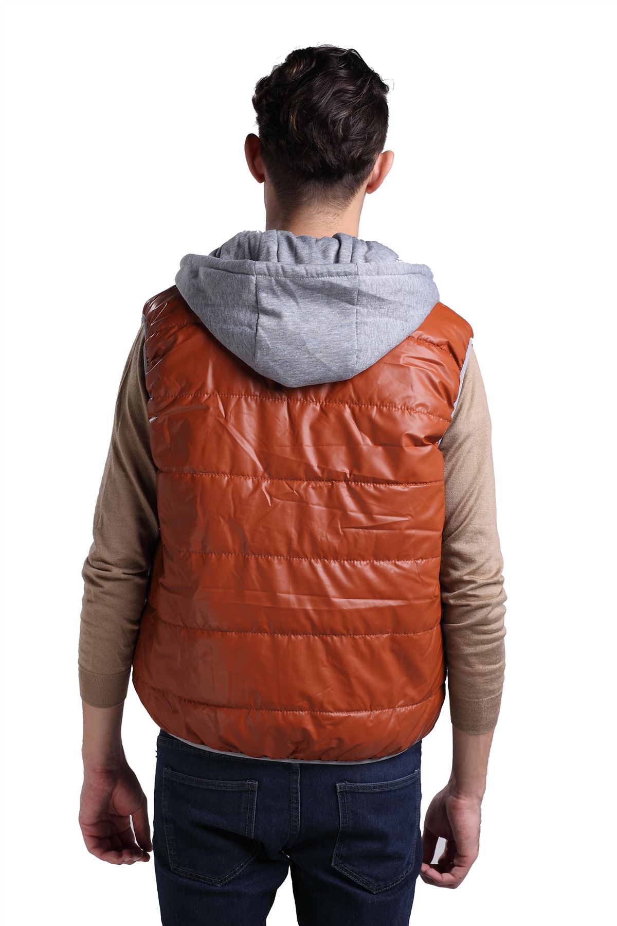 Winter Mens Faux Leather Hooded Body Warmer PU Sleeveless Jacket Down