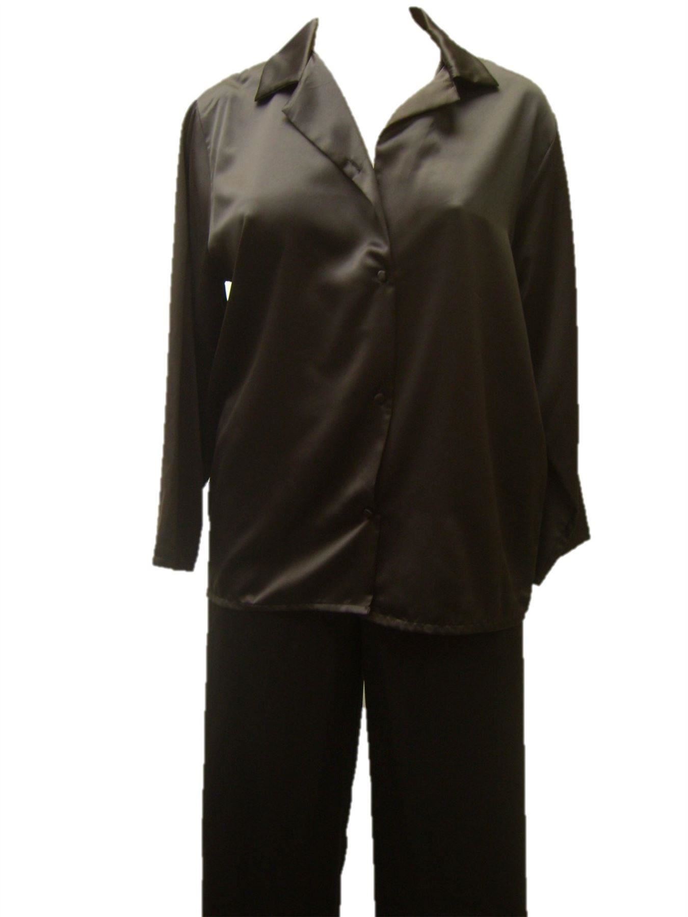 Ladies Black Satin Silk Pyjama Set Long Sleeve Silky Pjs Summer Lounge