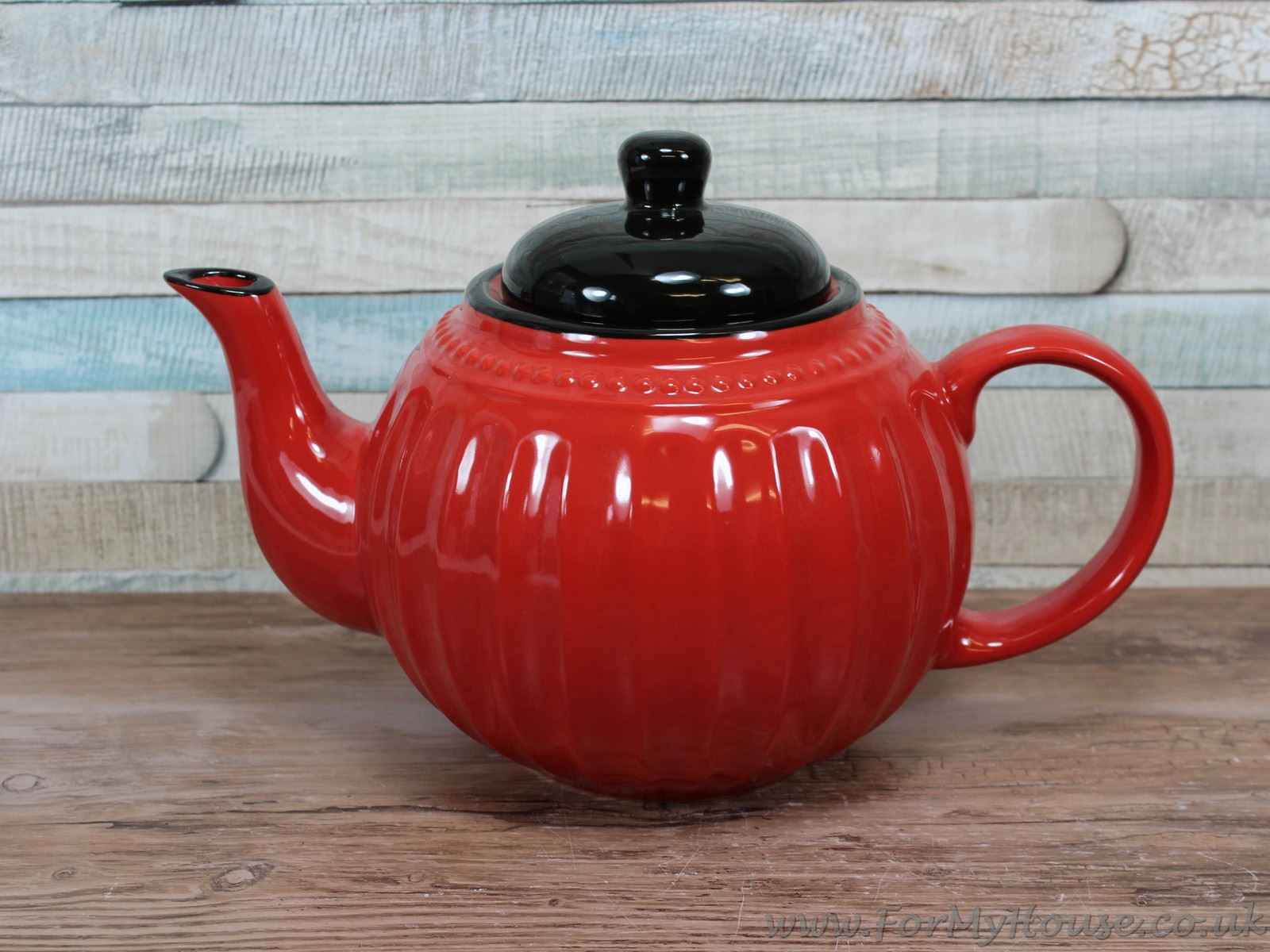 Red ceramic teapot with black lid and ribbed design afternoon tea eBay