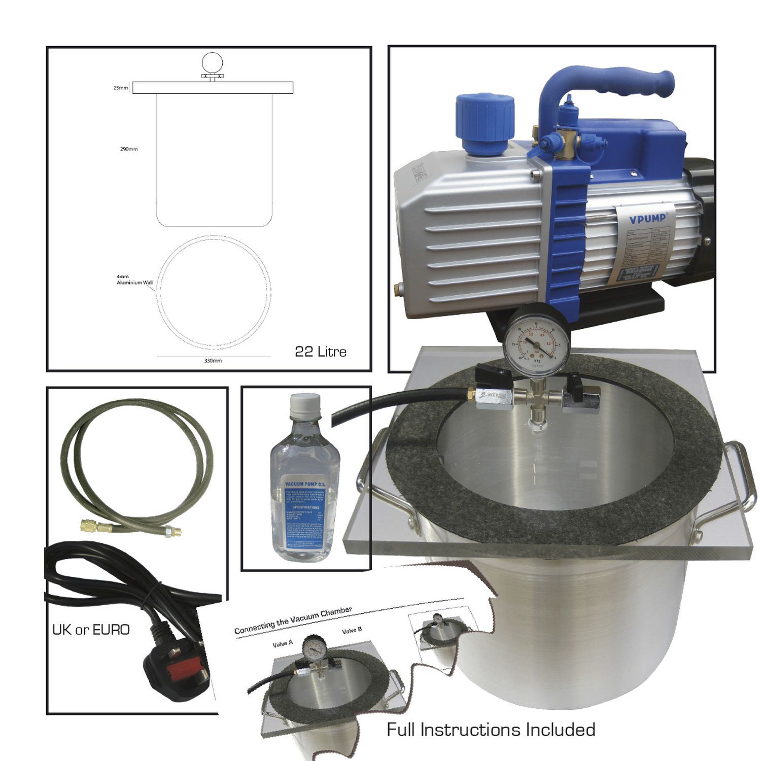 22L Aluminium degassing vacuum chamber and Vacuum pump