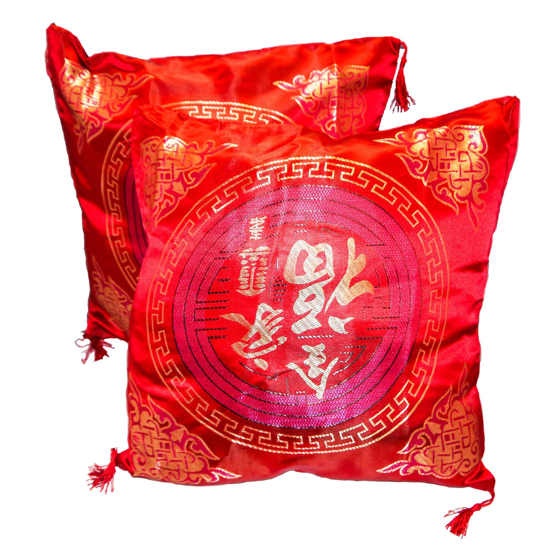 Pair of Oriental Silk Chinese Cushion Pillow Covers 16 x 16 Red with