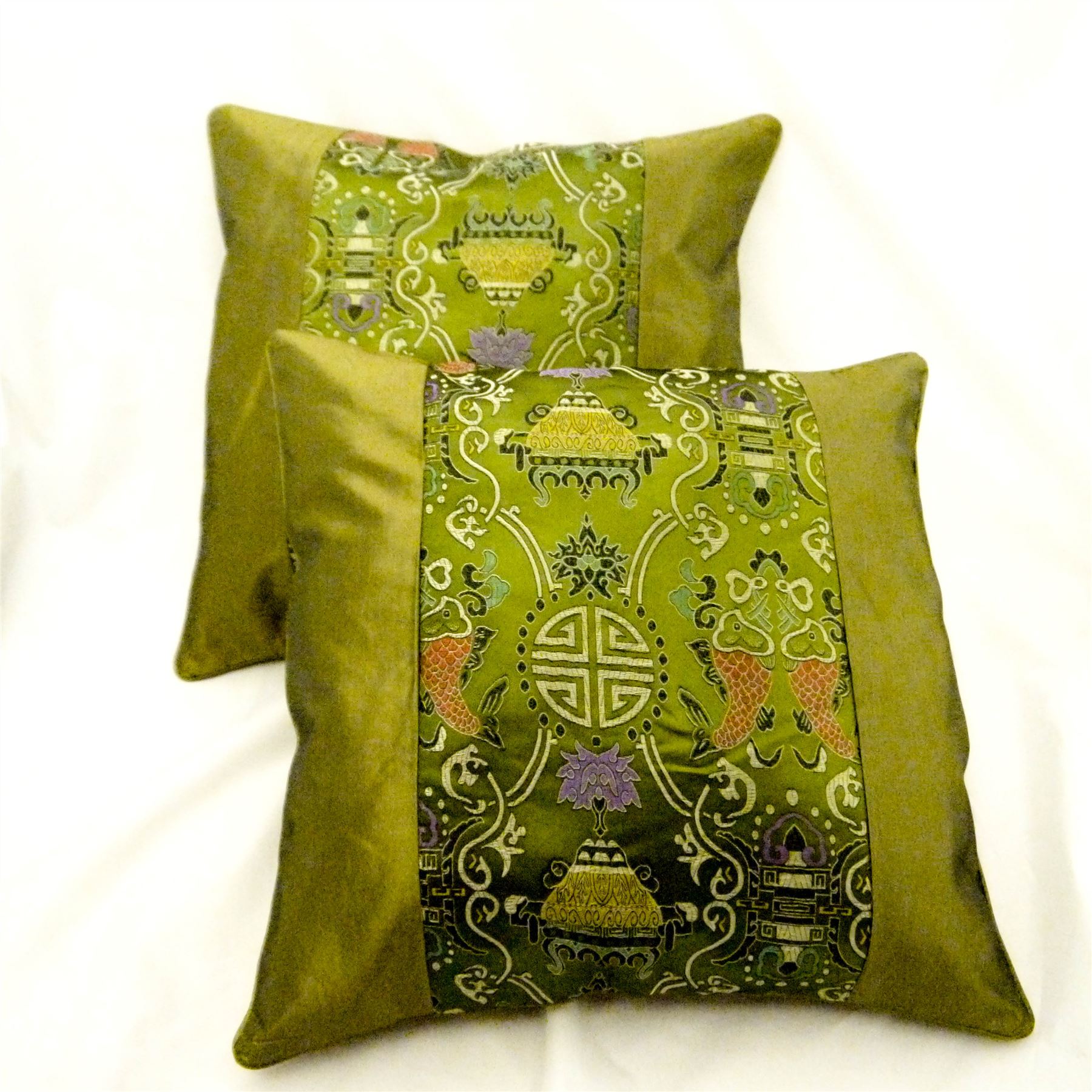 Pair of Chinese Oriental Embriodered Silk Cushion Covers 16" x 16" New