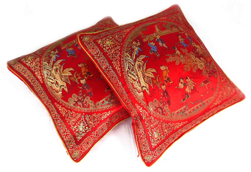Pair of Oriental Chinese Silk Cushion Covers 16x16'' Red Family Design