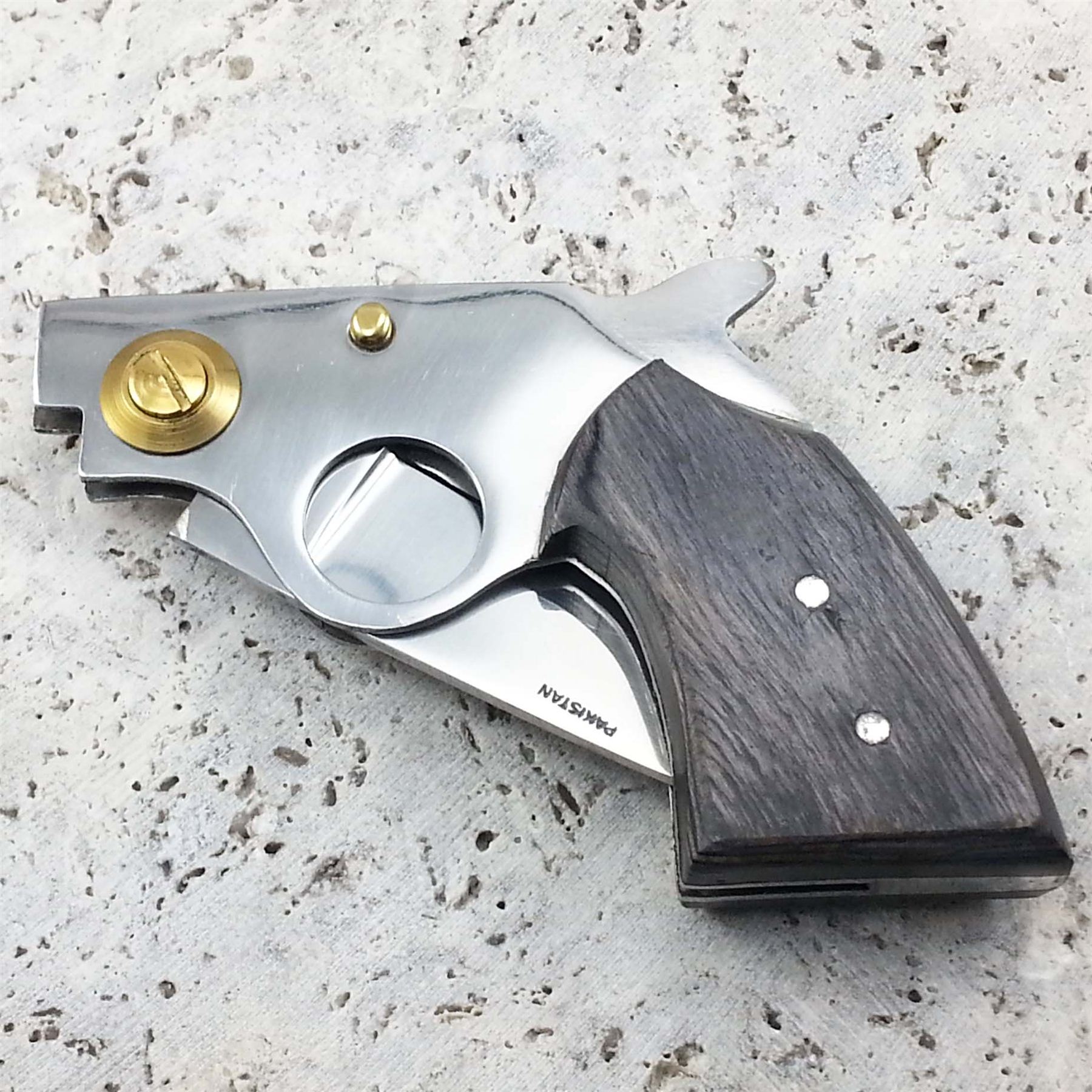 7" COWBOY PISTOL Black Wooden Handle Folding GUN KNIFE w/ LEATHER HOLSTER