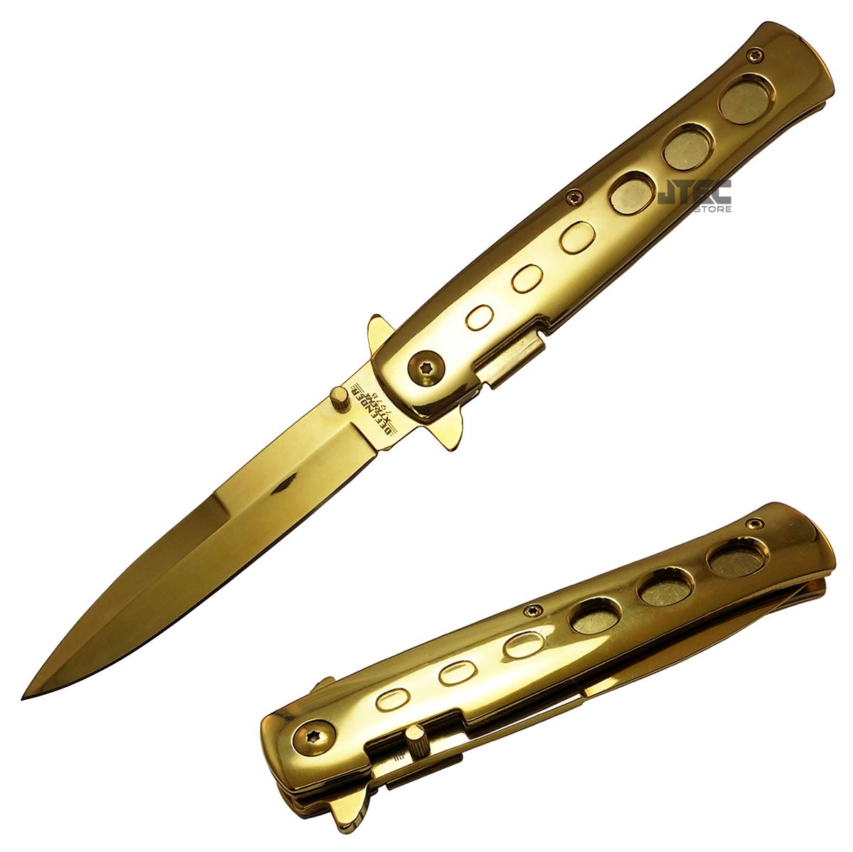 8.75" Golden Stiletto Spring Assisted GOLD Folding Pocket Knife JT190