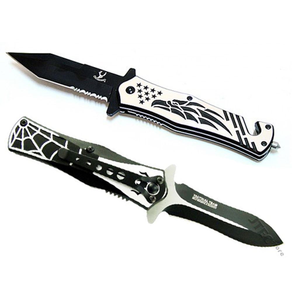 2pc Set Spring Assisted Spider & Falcon Black/Silver Folding Pocket