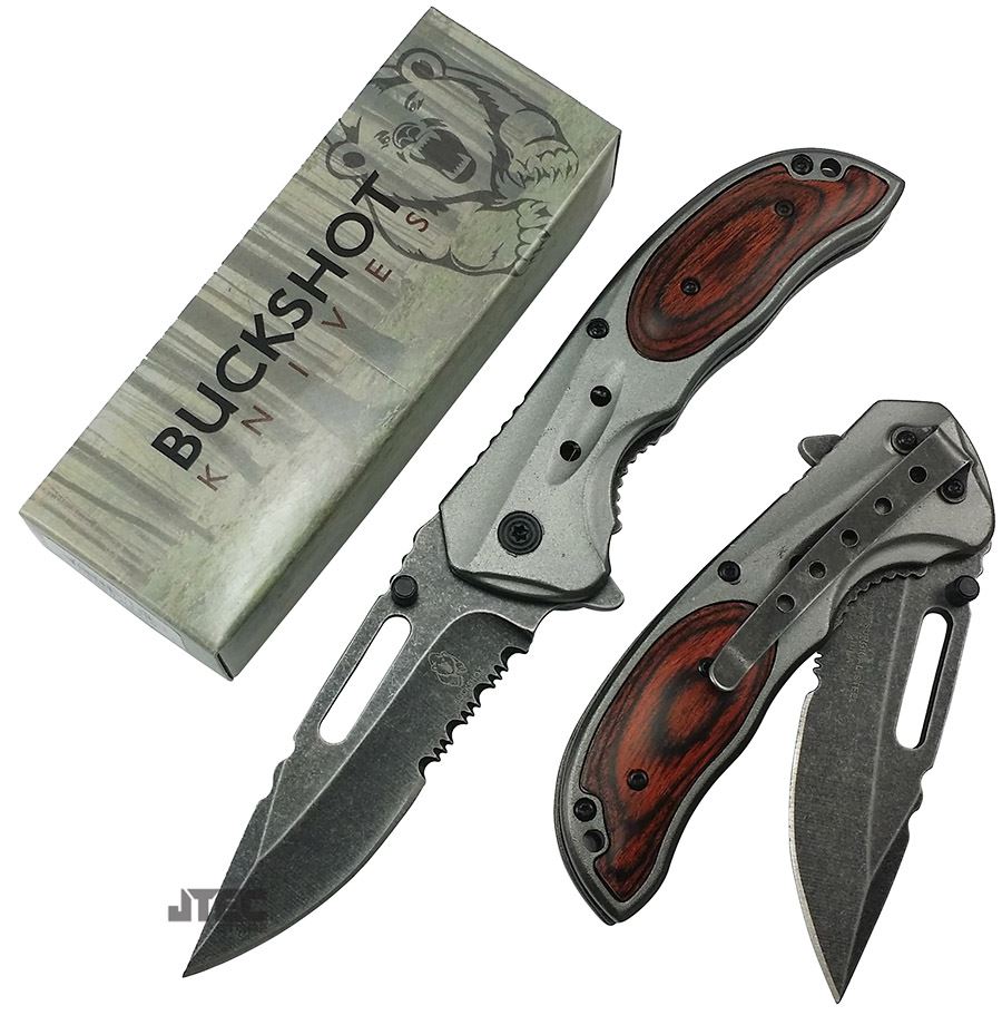 8" Buckshot WOOD HANDLE Spring Assisted STONEWASHED Blade Folding
