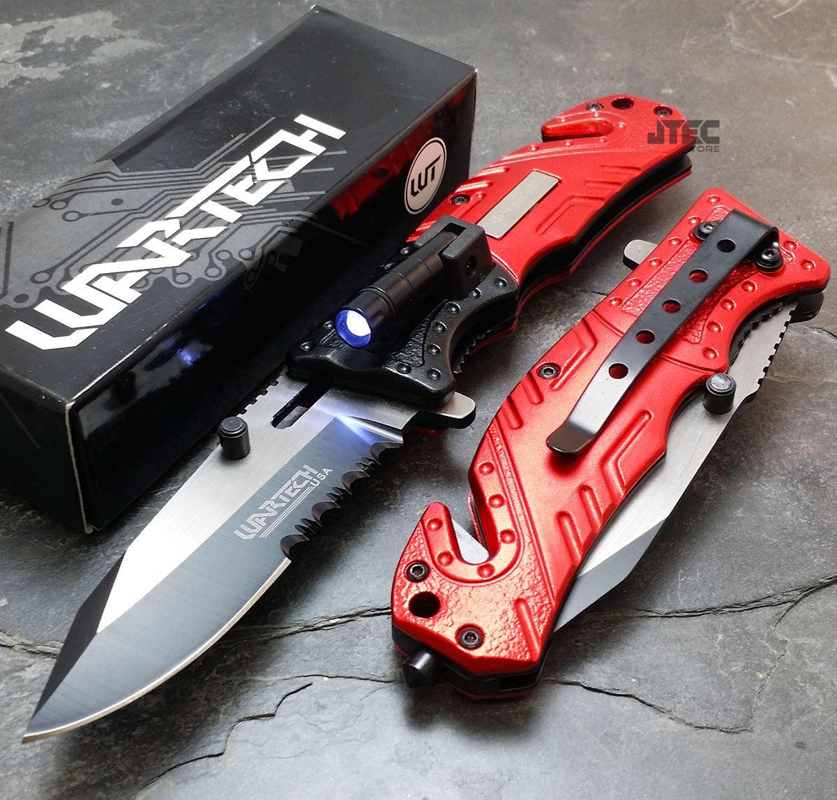 Wartech RED Spring Assisted LED Light Glass Breaker Folding Pocket