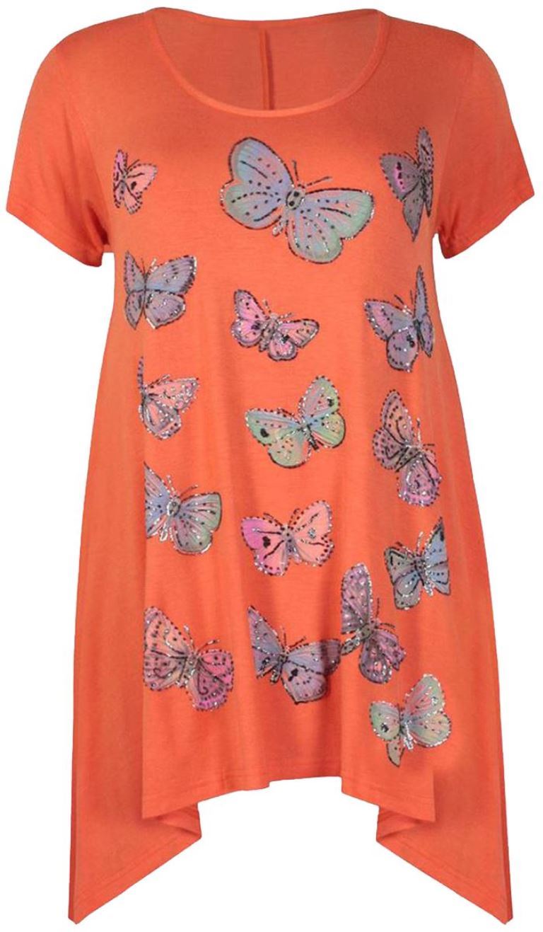 Womens Glitter Butterfly Print Tunic Hanky Hem T-Shirt Long Top Plus Size 14-28 | eBay