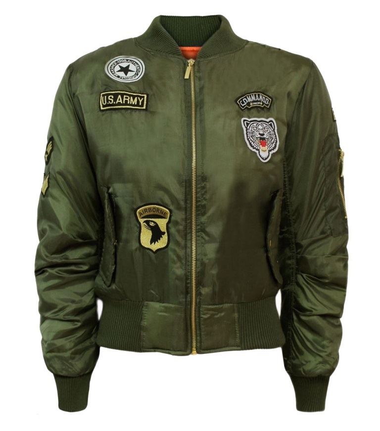 Ladies Womens Classic Army Style Patch Bomber Jacket Zip Up Biker