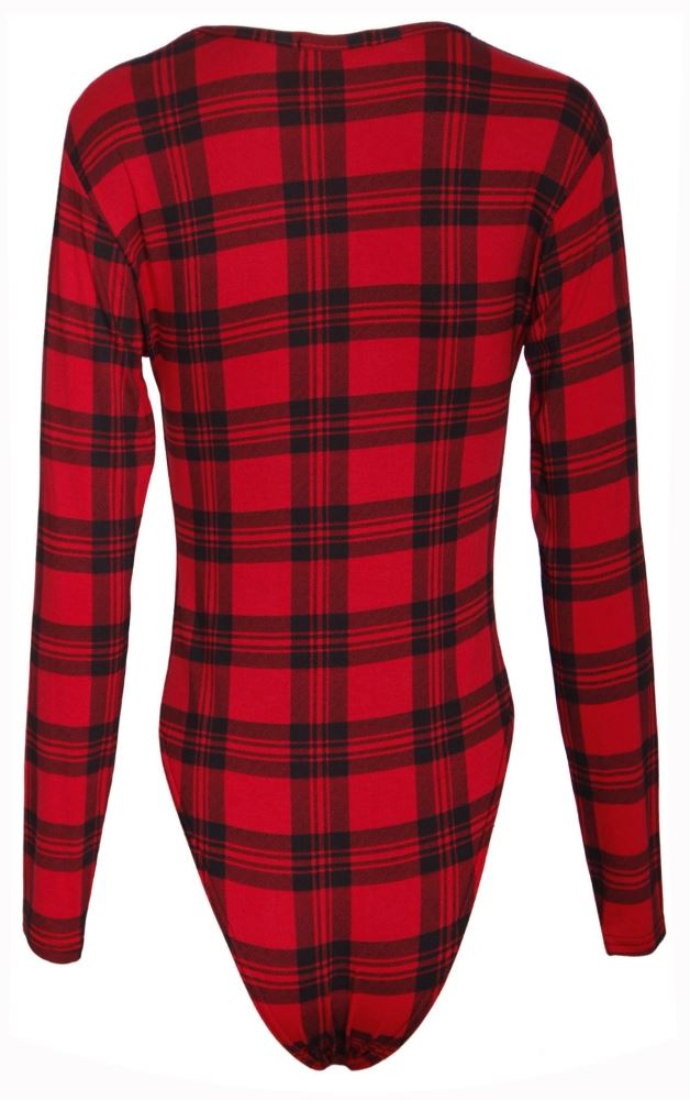 WOMENS PLUS SIZE LADIES WET LOOK LONG SLEEVE TARTAN LEOTARD BODYSUIT
