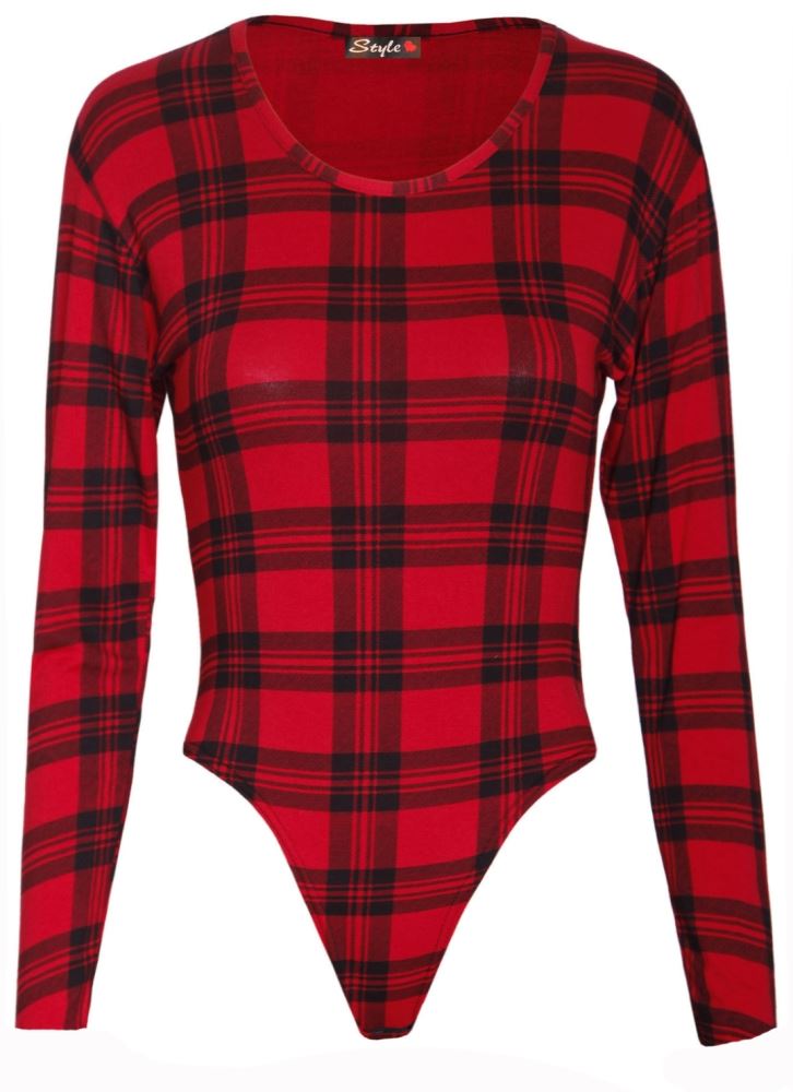 WOMENS PLUS SIZE LADIES WET LOOK LONG SLEEVE TARTAN LEOTARD BODYSUIT