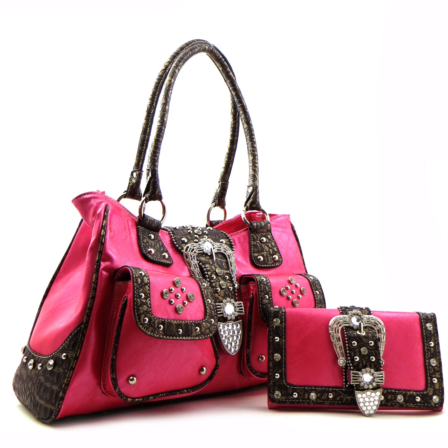 [4 COLORS] Western Rhinestone Belt Buckle Large Tote Purse Handbag SET