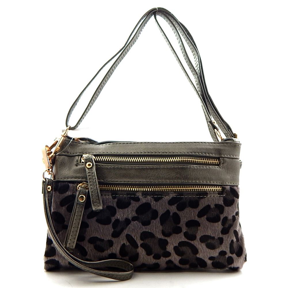 [5 COLORS] FauxFur Leopard Print Multi Pocket Crossbody Messenger Bag