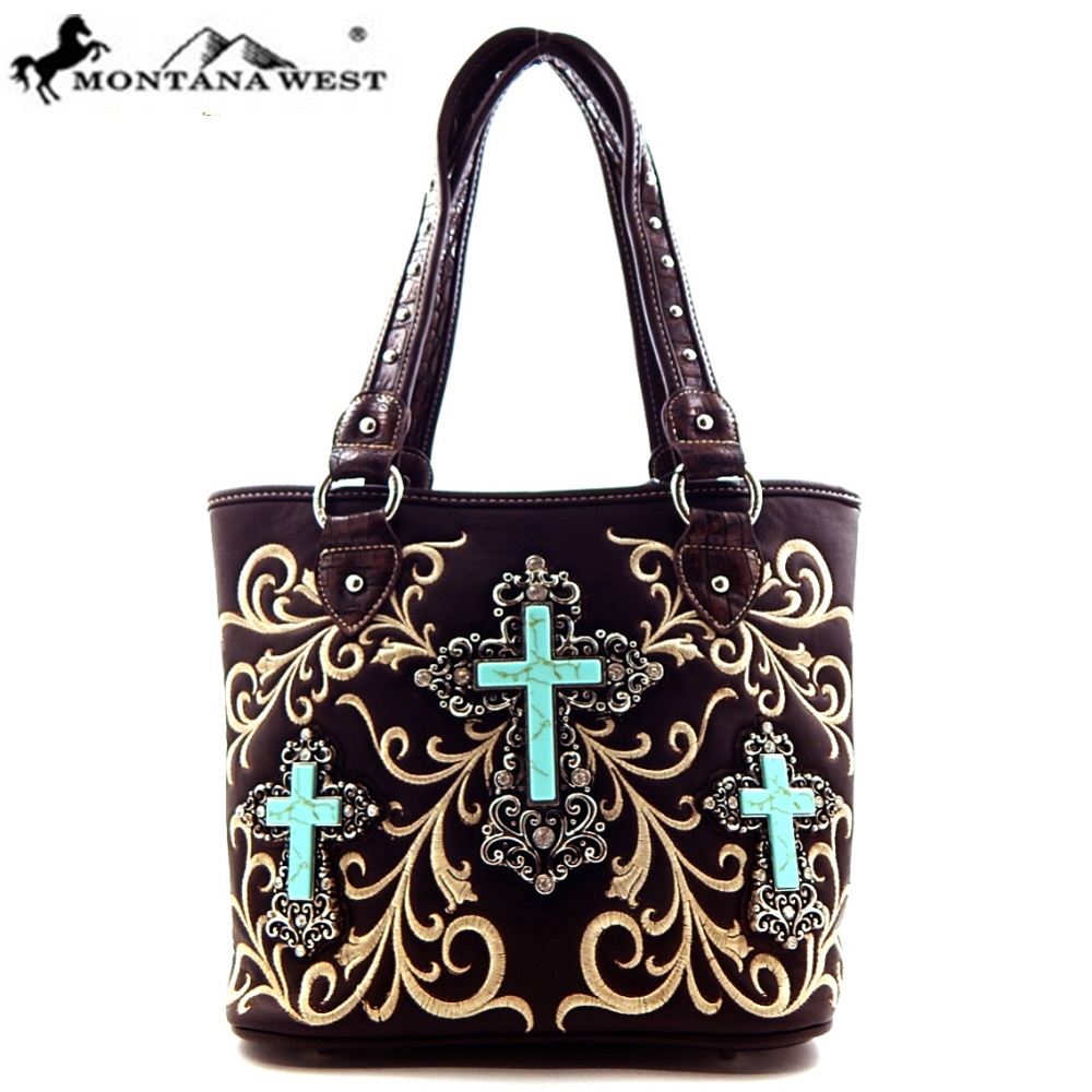 [3 COLORS] Montana West Triple Turquoise Cross Embroidery Western Tote