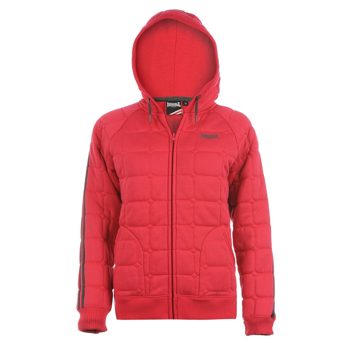 LONSDALE LONDON Womens Quilted Hoodie Jacket Ladies Zip 2 Stripe Hoody