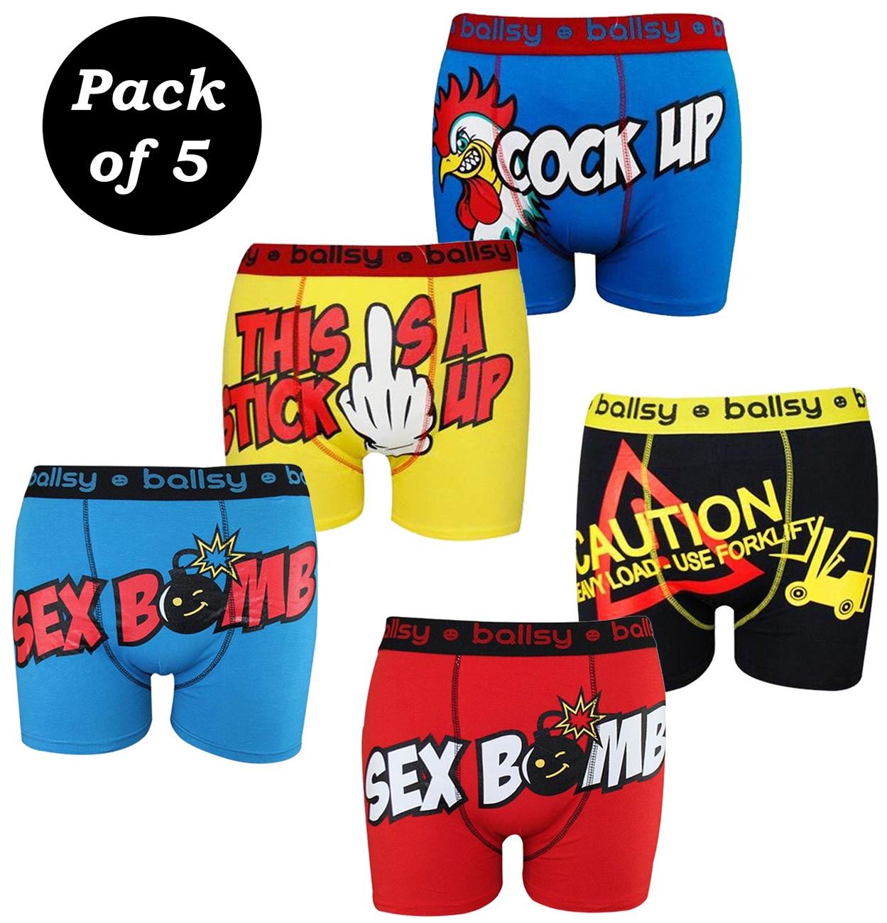 Pack of 5 Mens Ballsy Designer Novelty Rude Funny Boxer Trunks