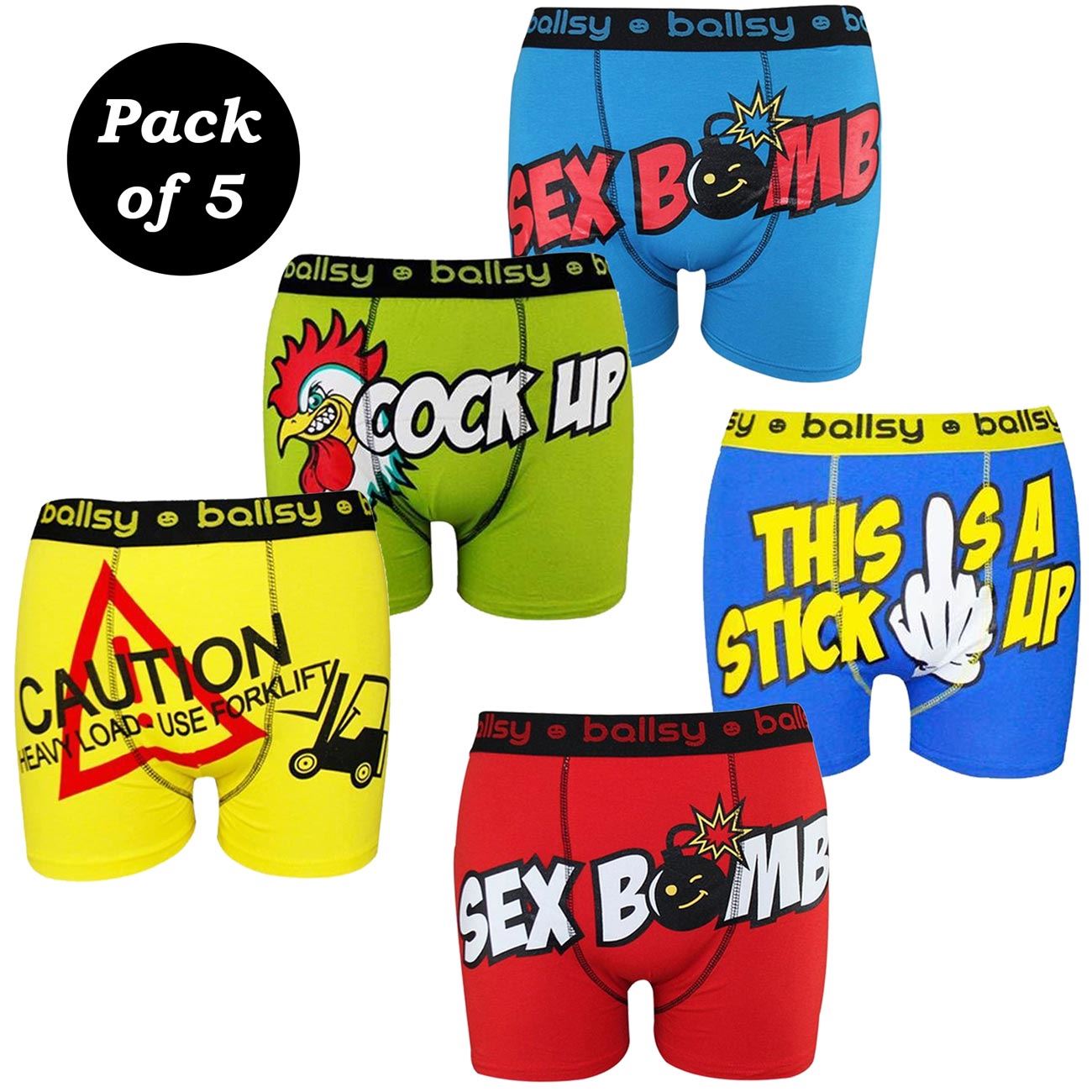 Pack of 5 Mens Ballsy Designer Novelty Rude Funny Boxer Trunks