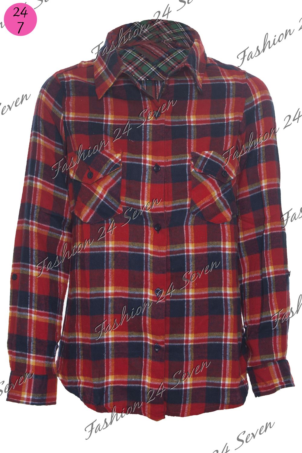 Womens Ladies Casual Tartan Check Lumberjack Turn Up Sleeve Button Shirt Tops - Picture 9 of 10