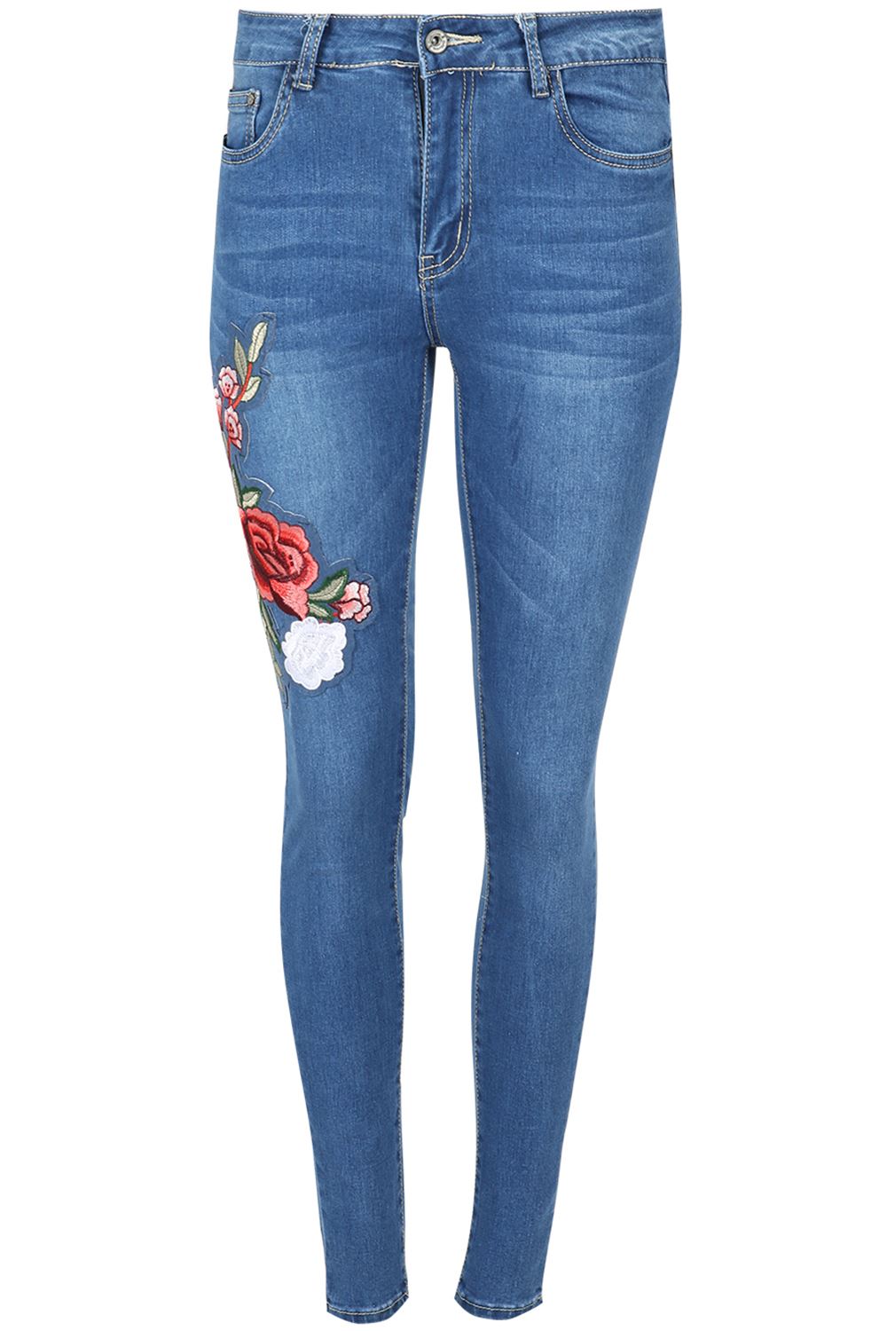 Women Ladies Flower Floral Red Rose Embroidered Skinny Trousers Pant