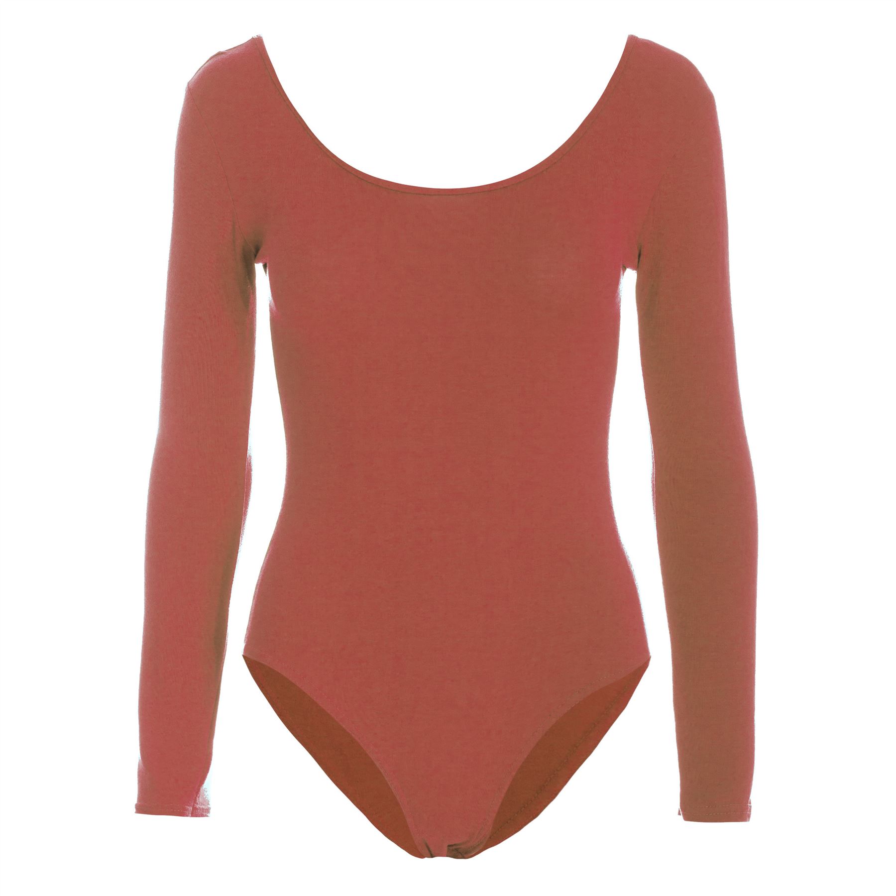 Womens Ladies Long Sleeves Plain Jersey Stretchy Leotard Bodysuit Top