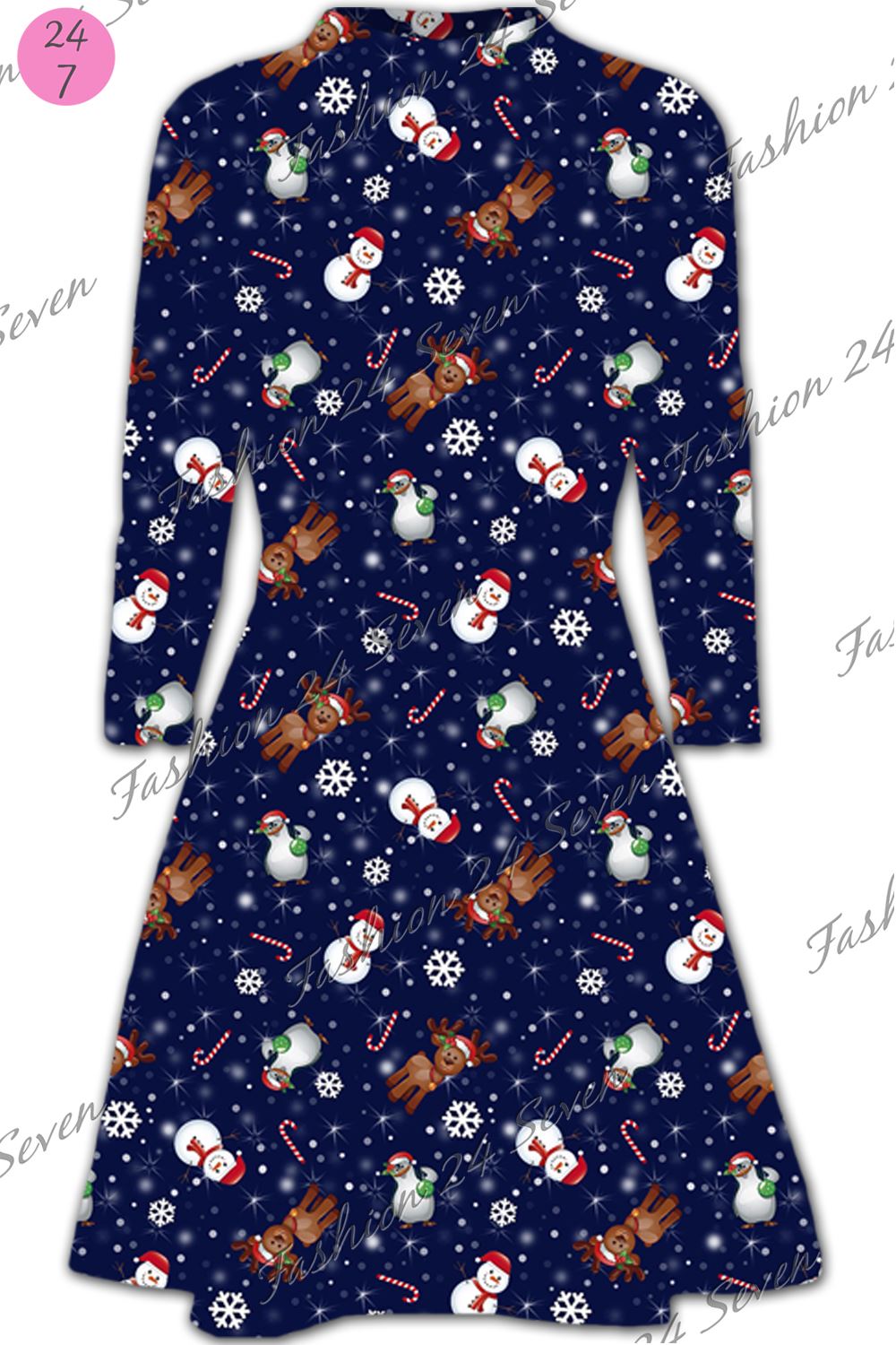 Ladies Xmas Swing Dress Womens Christmas Santa Snowman Reindeer Gift