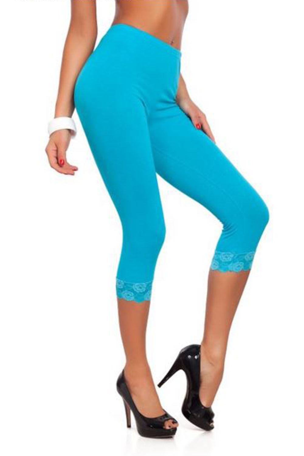 Womens 3/4 Length Leggings Ladies Floral Lace Cropped Trim Edge