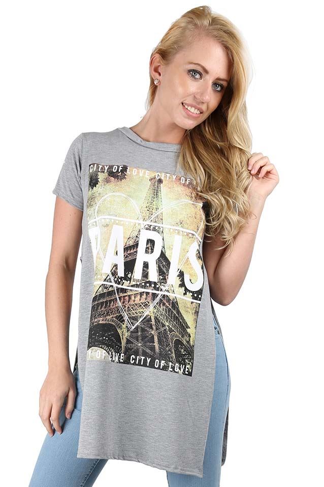 Womens Open Side Cut Out Slit Top Ladies Paris Love Print Oversized