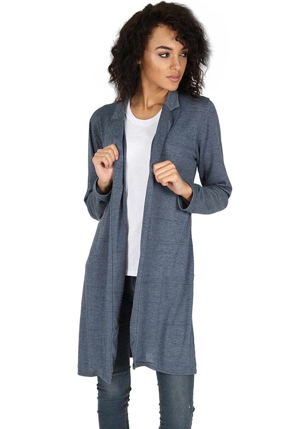 Womens Knitted Collared Blazer Ladies Long Sleeve Midi Length Duster
