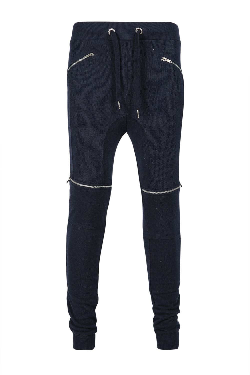 Mens Designer Crotch Drop Silver Zip Skinny Joggers Slim Trouser