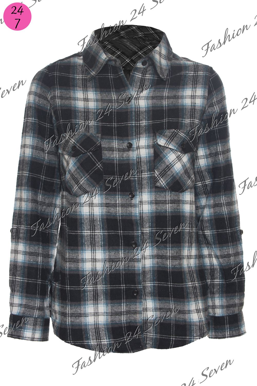 Womens Ladies Casual Tartan Check Lumberjack Turn Up Sleeve Button Shirt Tops - Picture 10 of 10