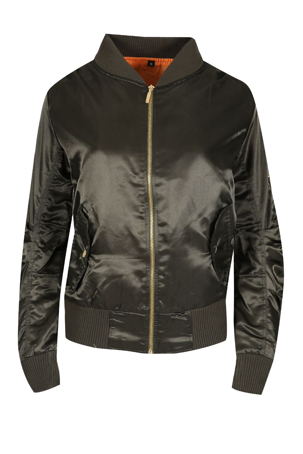 Womens Ladies Silk Satin Baseball Collared Zip Sleeve Pocket Biker