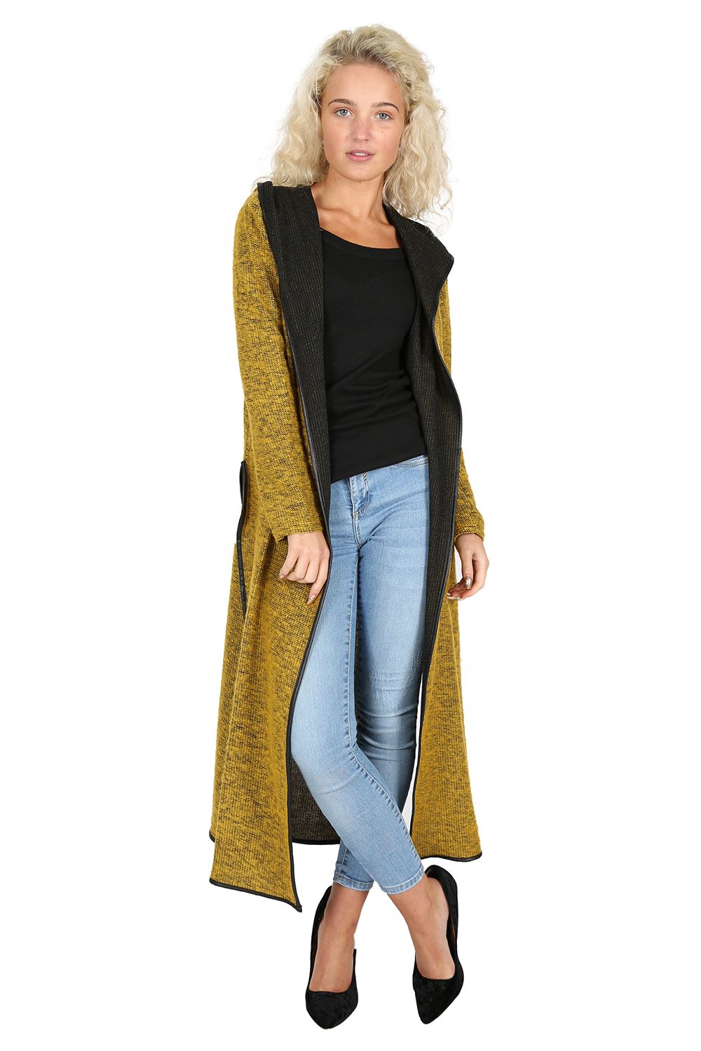 Womens Full Sleeve Side Split Hooded Open Cardigan Ladies Knit Duster