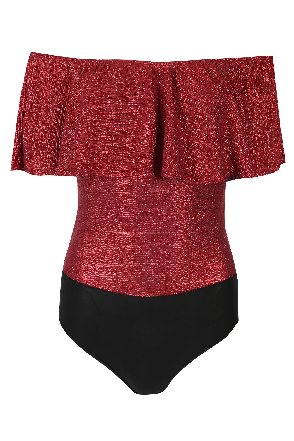 Ladies Lurex Glitter Peplum Ruffle Frill Leotard Top Women Off Shoulder