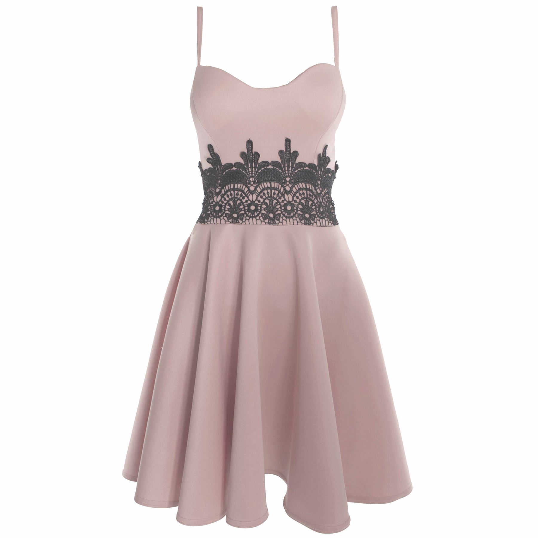 Womens Ladies Sleeveless Strappy Waist Lace Flared Franki Skater Dress