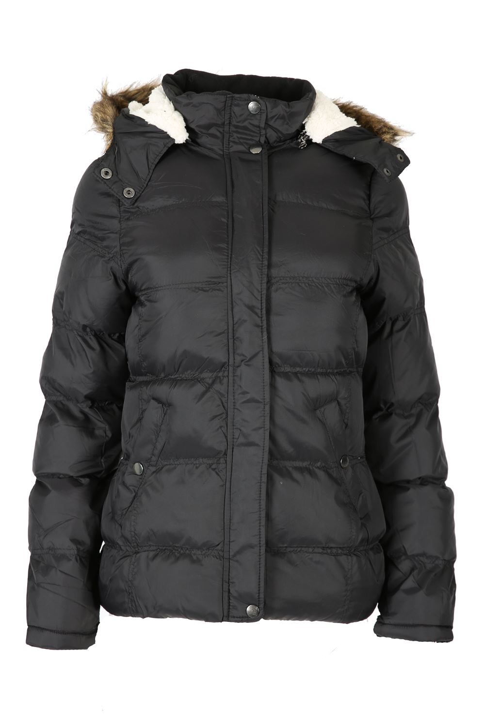 Womens Quilted Faux Fur Hoodie Ladies Zip Up Inner Pocket Padded Parka