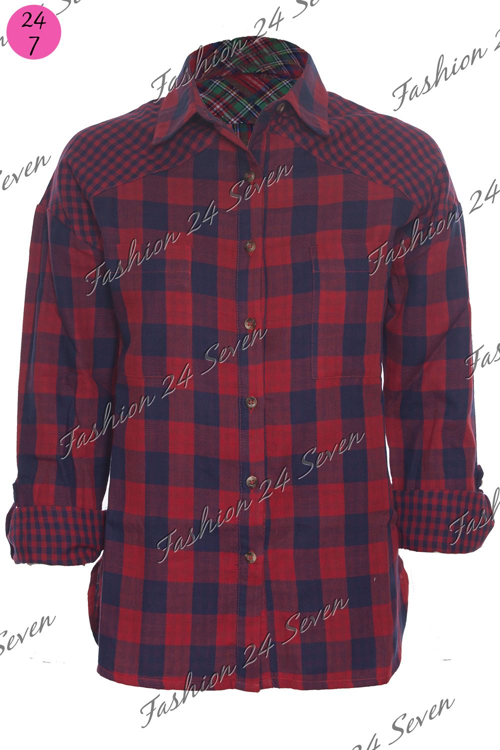 Womens Ladies Casual Tartan Check Lumberjack Turn Up Sleeve Button Shirt Tops - Picture 8 of 10