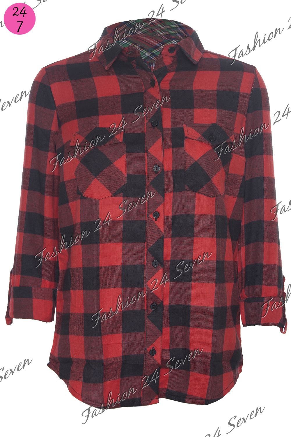 Womens Ladies Casual Tartan Check Lumberjack Turn Up Sleeve Button Shirt Tops - Picture 7 of 10