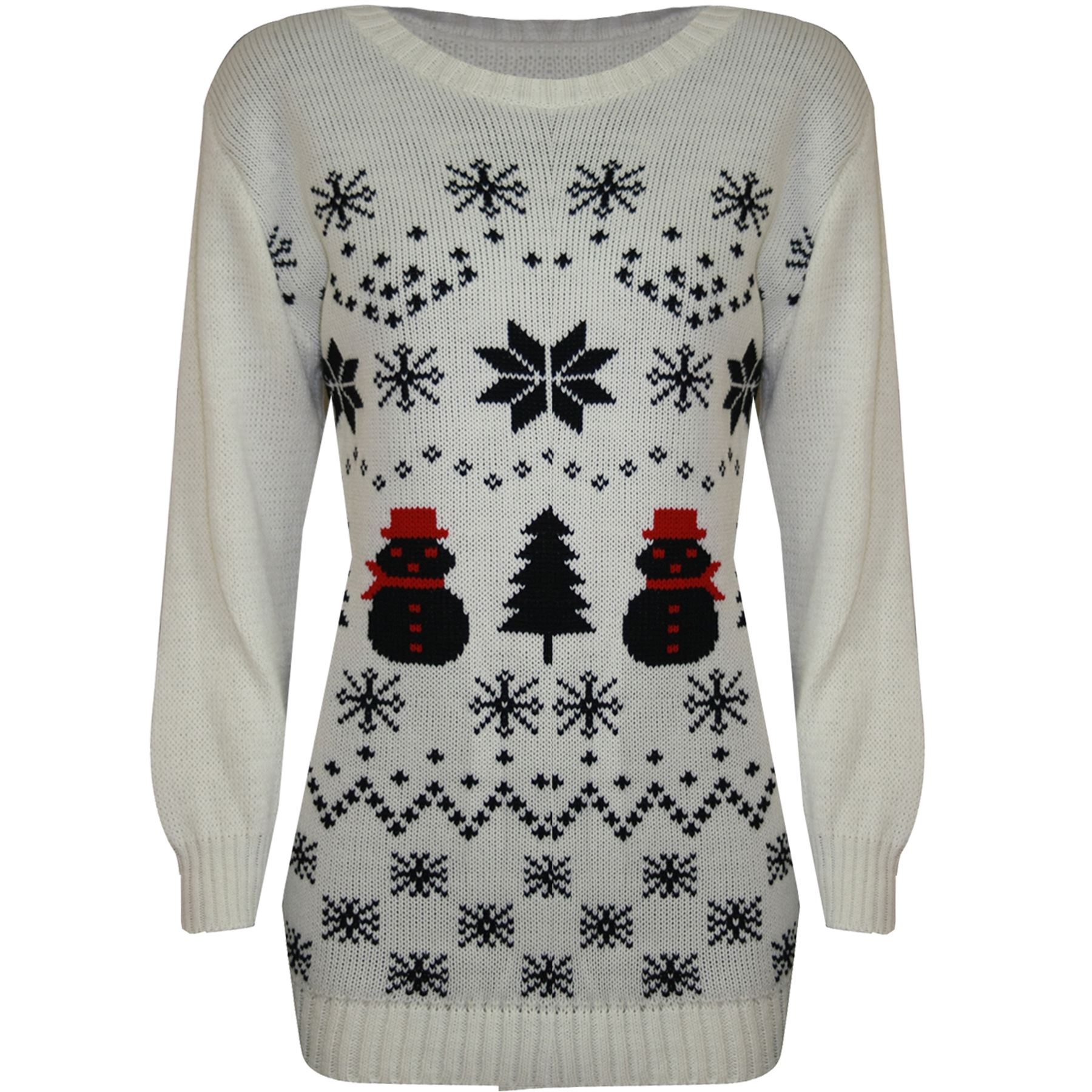 Womens Ladies Snowman Xmas Christmas Tree Knitted Dress Sweater Long Jumper T...