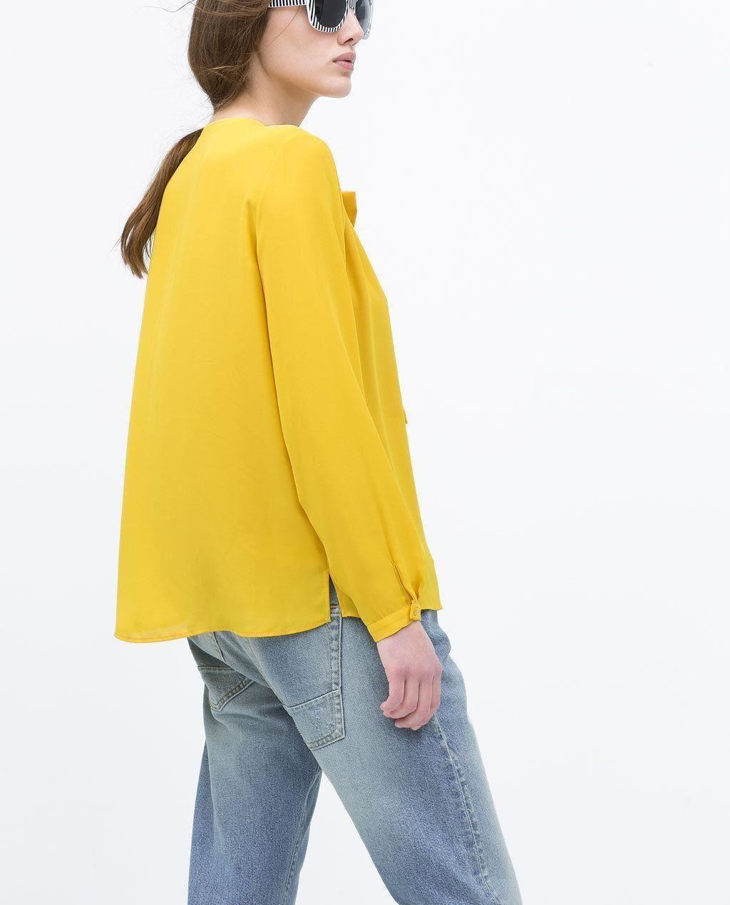 Ex Zara Mustard Bow Long Sleeve Shirt eBay