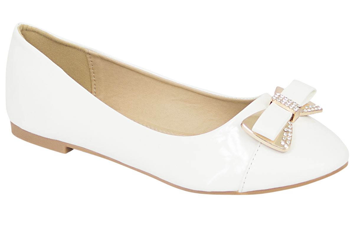 Women Ladies Flat Dolly Shoes Pumps Gold Bow Patent Faux Leather Diamante Ballet